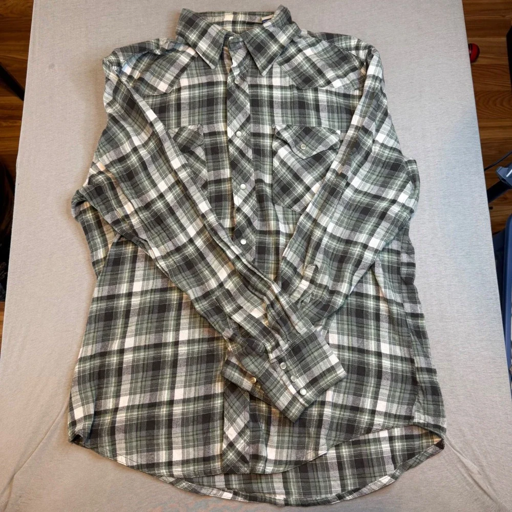 Wrangler Wrancher Mens Large Green Black Plaid Pearl Snap‎ Western Flannel Shirt